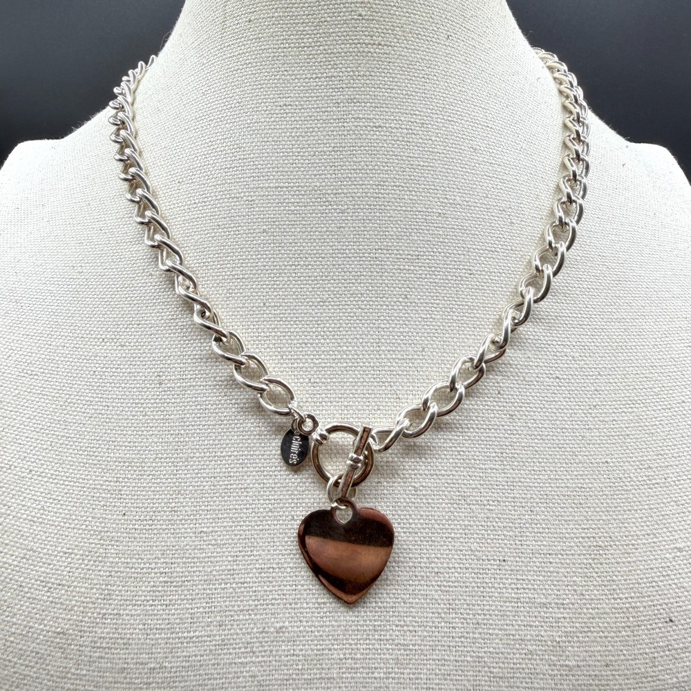 Claire's Silver Tone Chunky Curb Chain Heart Pendant Toggle Statement Necklace